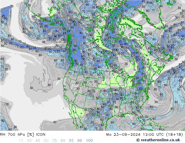 RH 700 hPa ICON pon. 23.09.2024 12 UTC