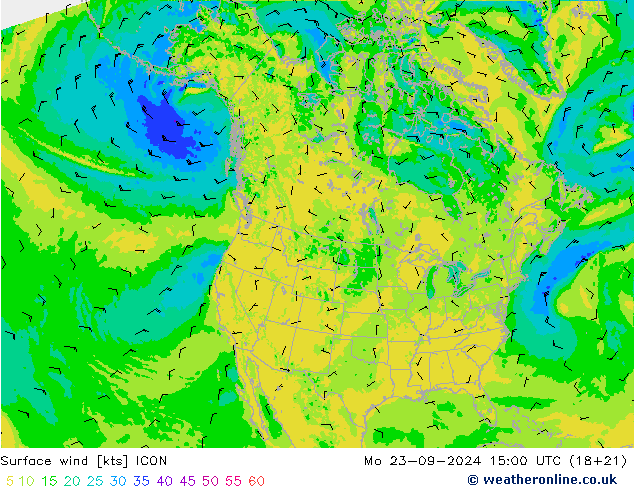 Surface wind ICON Mo 23.09.2024 15 UTC