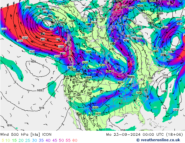 Vento 500 hPa ICON lun 23.09.2024 00 UTC