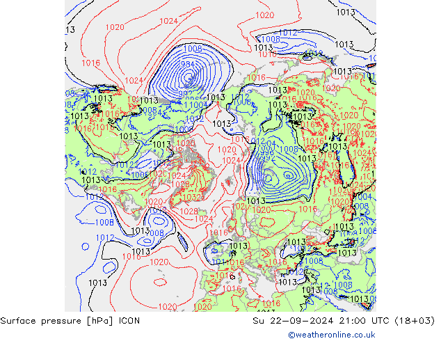 Surface pressure ICON Su 22.09.2024 21 UTC