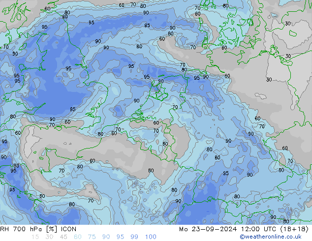 Humedad rel. 700hPa ICON lun 23.09.2024 12 UTC