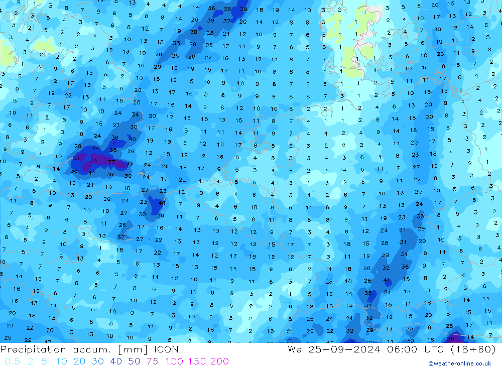 Totale neerslag ICON wo 25.09.2024 06 UTC