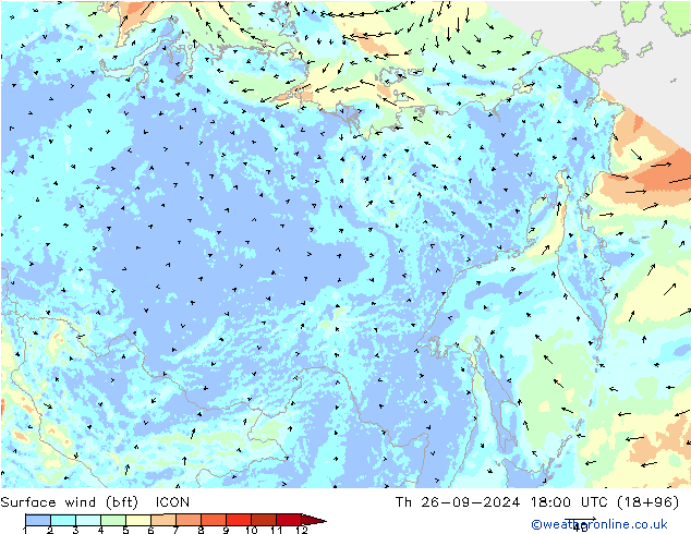 Surface wind (bft) ICON Th 26.09.2024 18 UTC