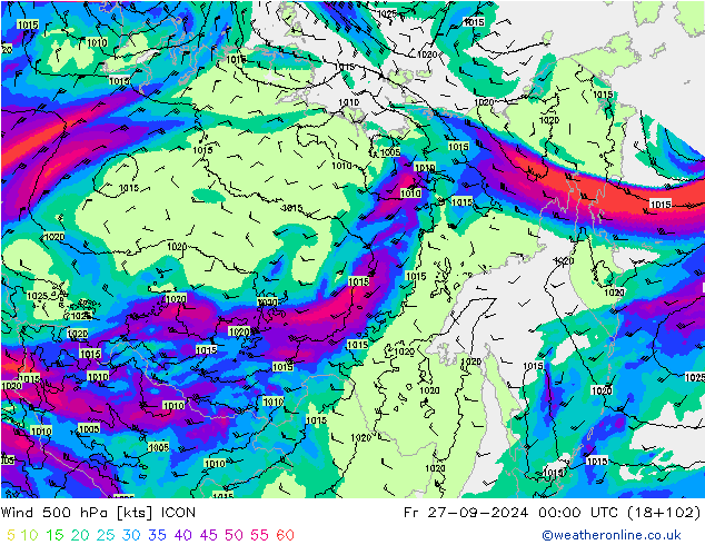 Vento 500 hPa ICON ven 27.09.2024 00 UTC