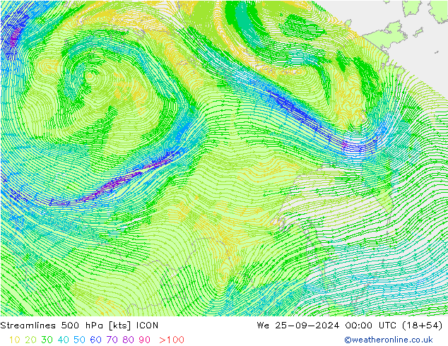 Ligne de courant 500 hPa ICON mer 25.09.2024 00 UTC