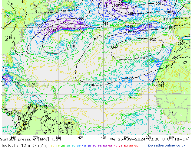 Isotachs (kph) ICON mer 25.09.2024 00 UTC