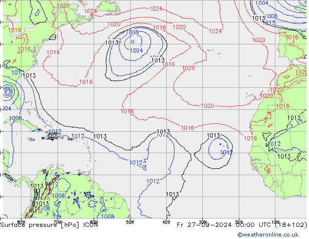 Presión superficial ICON vie 27.09.2024 00 UTC