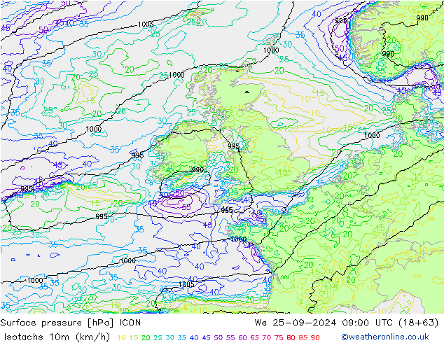 Eşrüzgar Hızları (km/sa) ICON Çar 25.09.2024 09 UTC