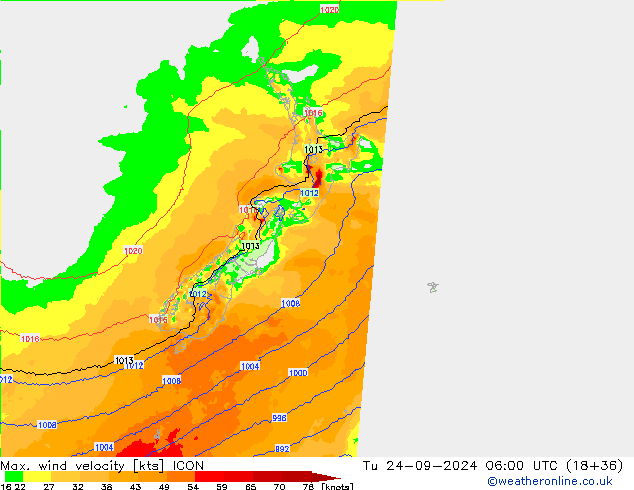 Max. wind velocity ICON вт 24.09.2024 06 UTC