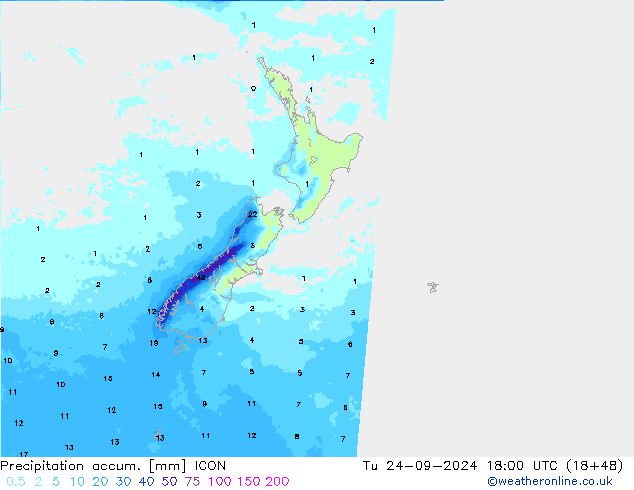 Precipitation accum. ICON Út 24.09.2024 18 UTC