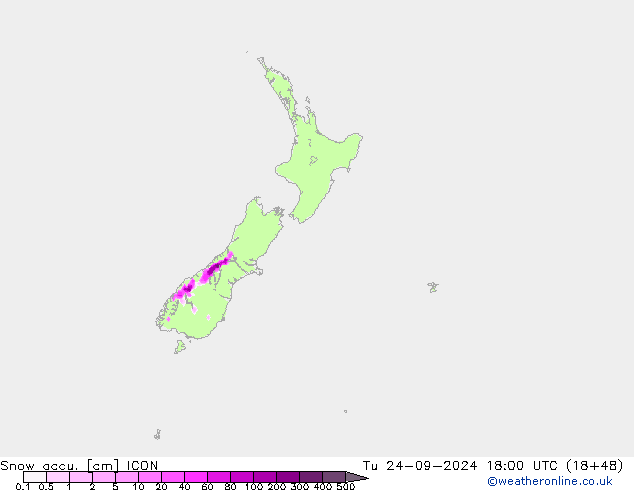 Snow accu. ICON Út 24.09.2024 18 UTC