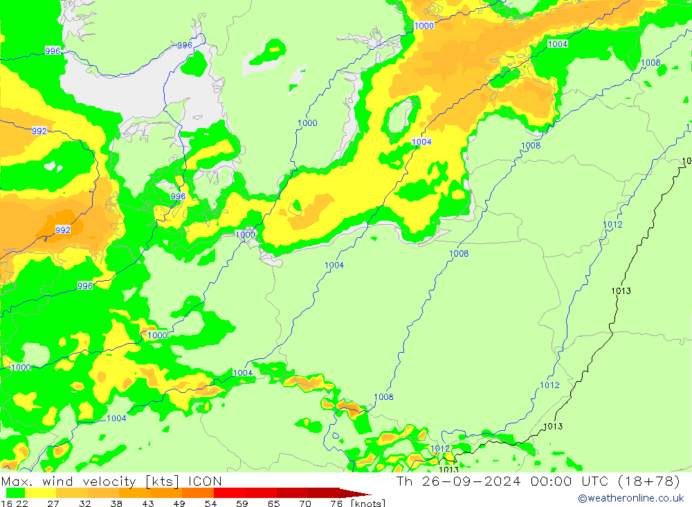 Max. wind velocity ICON Qui 26.09.2024 00 UTC