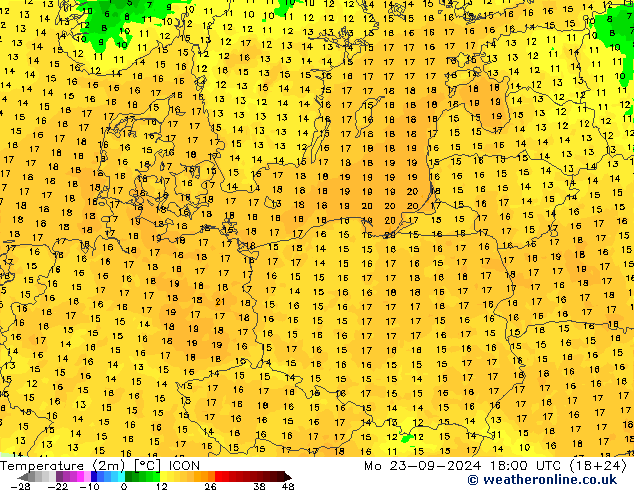 Temperature (2m) ICON Mo 23.09.2024 18 UTC