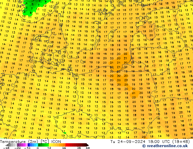 Temperature (2m) ICON Tu 24.09.2024 18 UTC