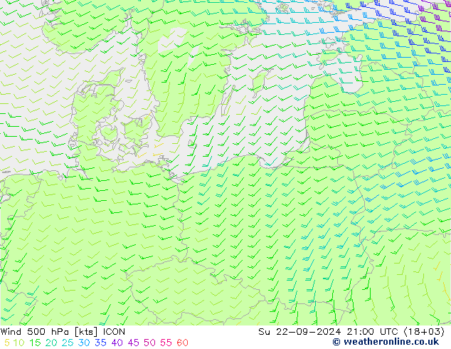 Wind 500 hPa ICON zo 22.09.2024 21 UTC