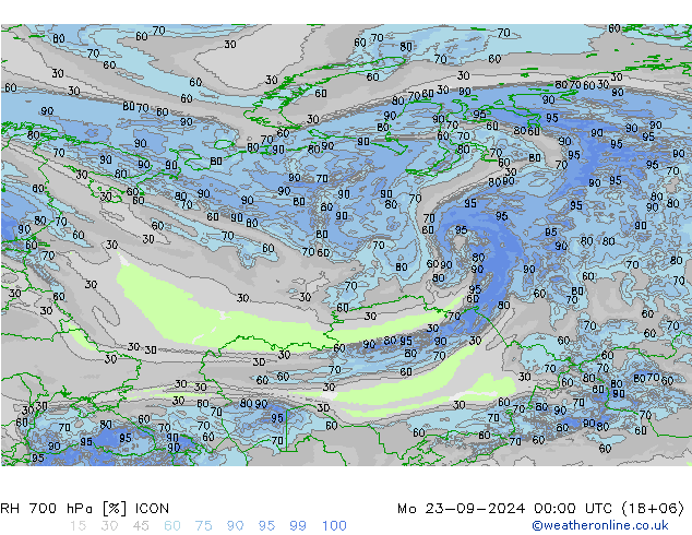 RH 700 гПа ICON пн 23.09.2024 00 UTC