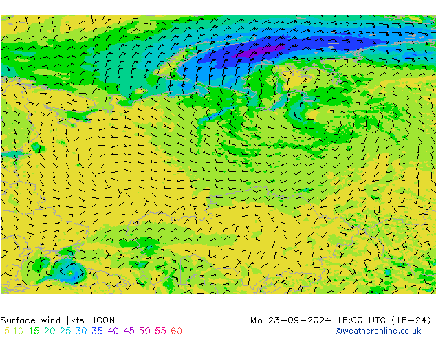 Rüzgar 10 m ICON Pzt 23.09.2024 18 UTC