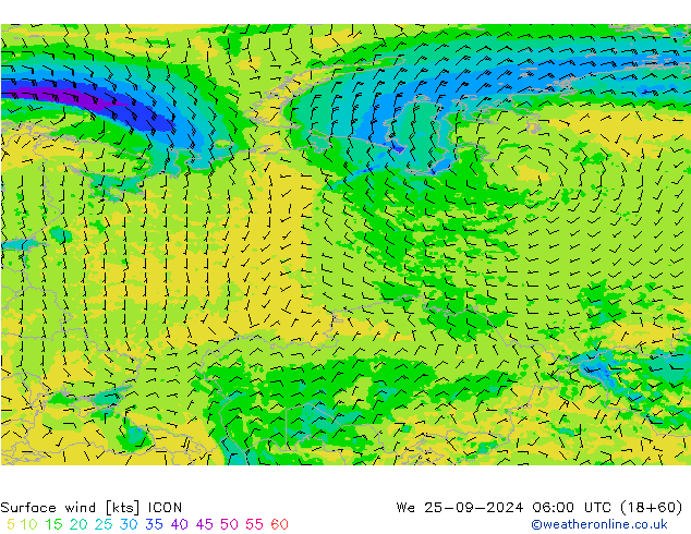 Viento 10 m ICON mié 25.09.2024 06 UTC