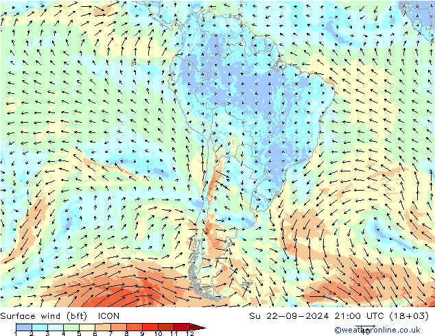 Surface wind (bft) ICON Su 22.09.2024 21 UTC