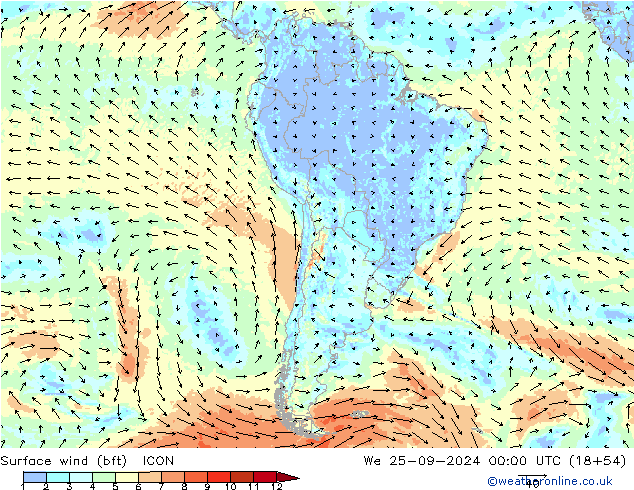 Vent 10 m (bft) ICON mer 25.09.2024 00 UTC