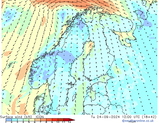 wiatr 10 m (bft) ICON wto. 24.09.2024 12 UTC