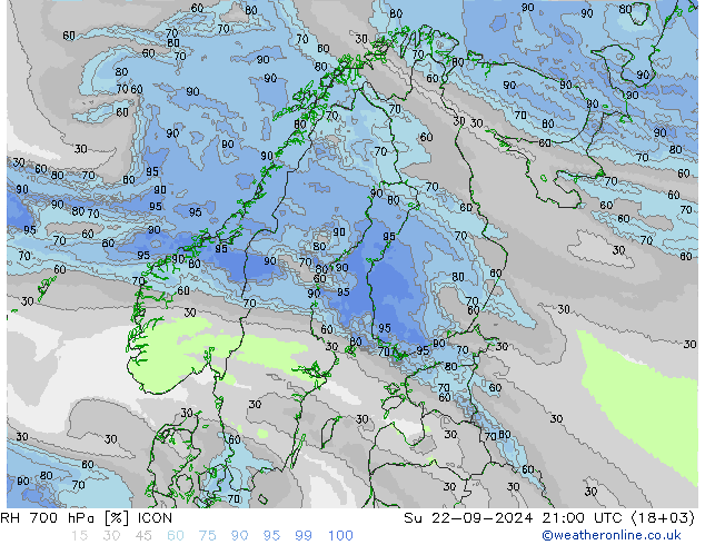 RH 700 hPa ICON  22.09.2024 21 UTC