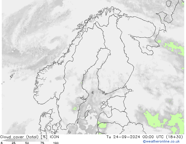 zachmurzenie (suma) ICON wto. 24.09.2024 00 UTC