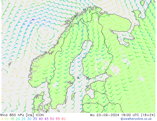 Vento 850 hPa ICON lun 23.09.2024 18 UTC