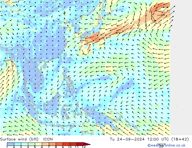 Surface wind (bft) ICON Tu 24.09.2024 12 UTC