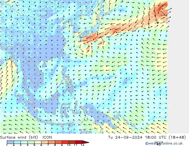 Viento 10 m (bft) ICON mar 24.09.2024 18 UTC