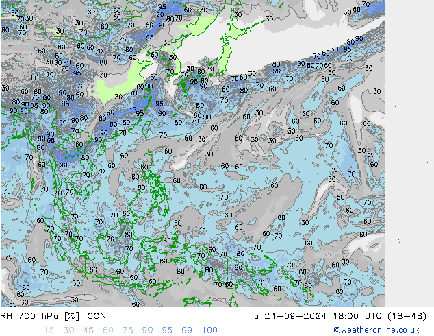 RH 700 hPa ICON Tu 24.09.2024 18 UTC