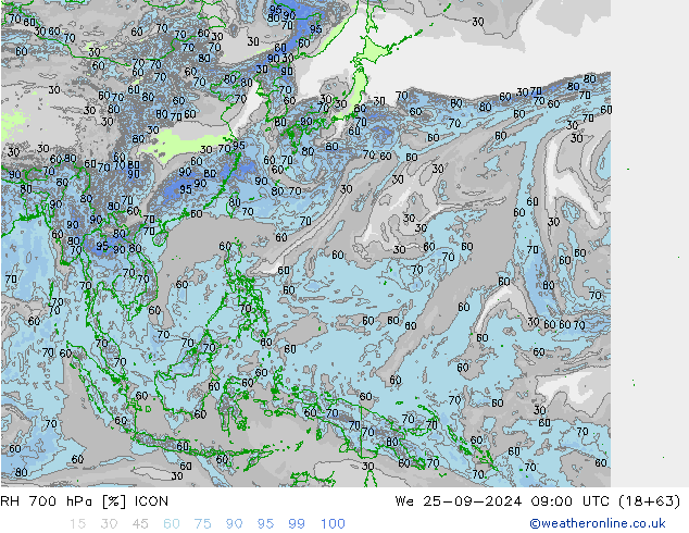 Humidité rel. 700 hPa ICON mer 25.09.2024 09 UTC