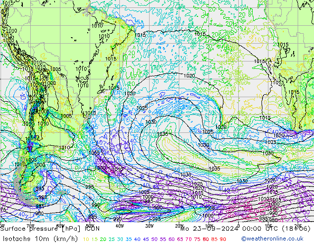 Isotachs (kph) ICON Po 23.09.2024 00 UTC