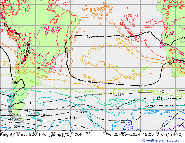 Height/Temp. 850 hPa ICON śro. 25.09.2024 18 UTC