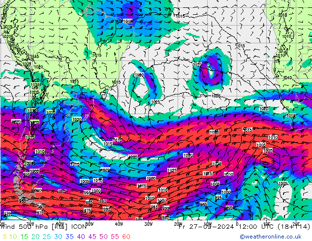 wiatr 500 hPa ICON pt. 27.09.2024 12 UTC