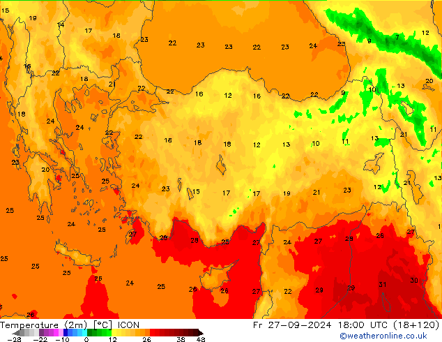 карта температуры ICON пт 27.09.2024 18 UTC