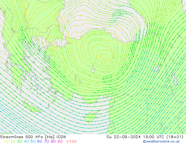 Ligne de courant 500 hPa ICON dim 22.09.2024 19 UTC