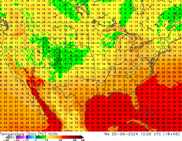 Temperature (2m) ICON St 25.09.2024 12 UTC