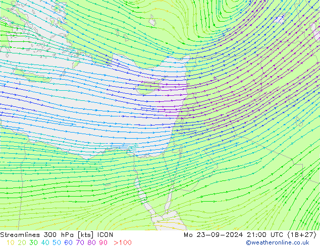 Linea di flusso 300 hPa ICON lun 23.09.2024 21 UTC