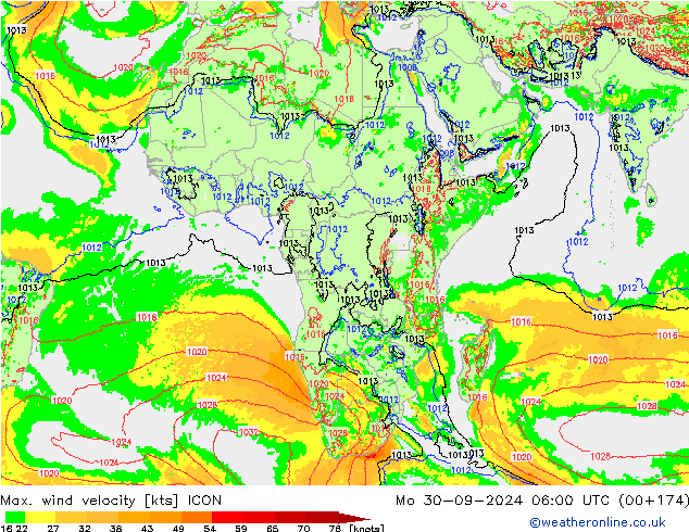 Max. wind velocity ICON Mo 30.09.2024 06 UTC