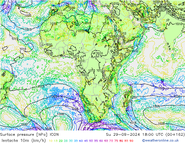 Isotachs (kph) ICON Su 29.09.2024 18 UTC