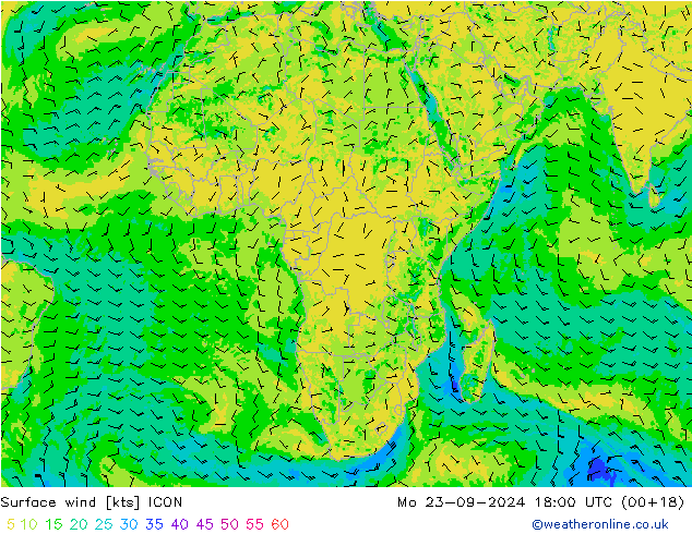 Viento 10 m ICON lun 23.09.2024 18 UTC