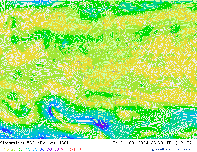 Linia prądu 500 hPa ICON czw. 26.09.2024 00 UTC