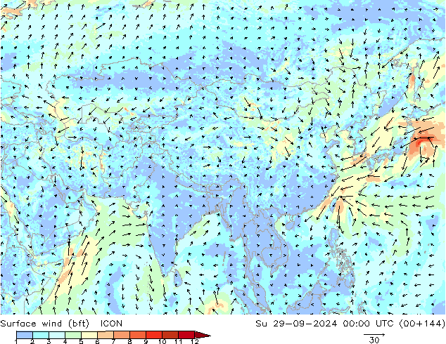 Vento 10 m (bft) ICON dom 29.09.2024 00 UTC