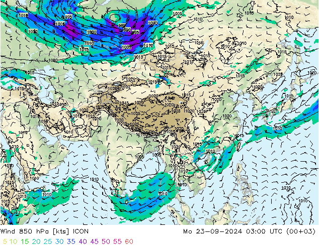 Viento 850 hPa ICON lun 23.09.2024 03 UTC