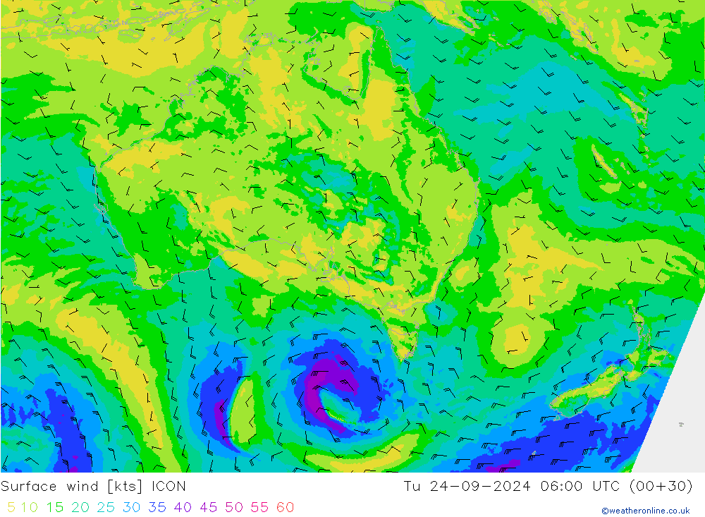 ветер 10 m ICON вт 24.09.2024 06 UTC