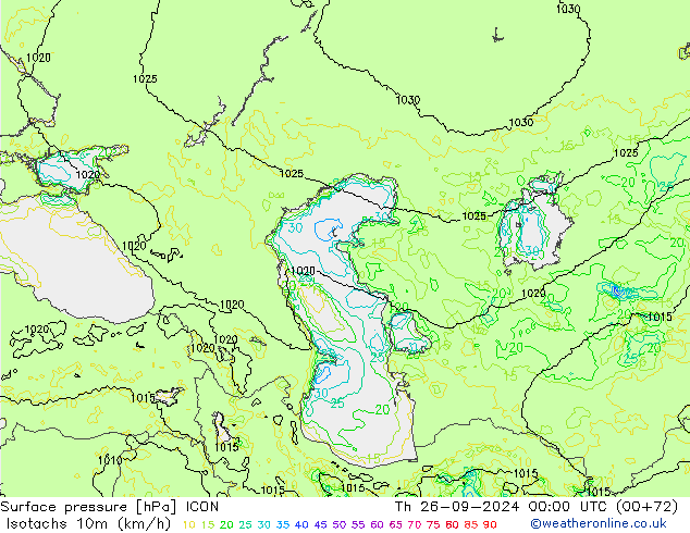 Isotachs (kph) ICON jeu 26.09.2024 00 UTC