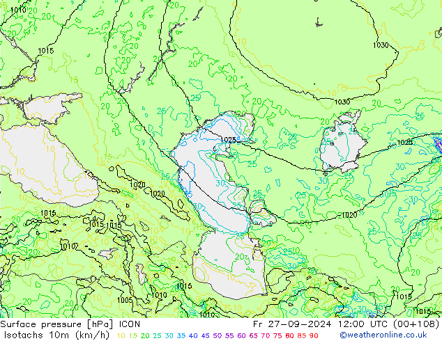 Isotaca (kph) ICON vie 27.09.2024 12 UTC