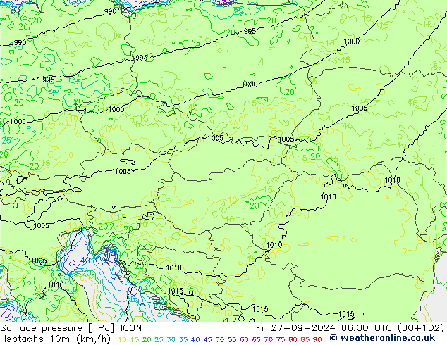 Isotachs (kph) ICON пт 27.09.2024 06 UTC