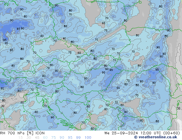 Humedad rel. 700hPa ICON mié 25.09.2024 12 UTC